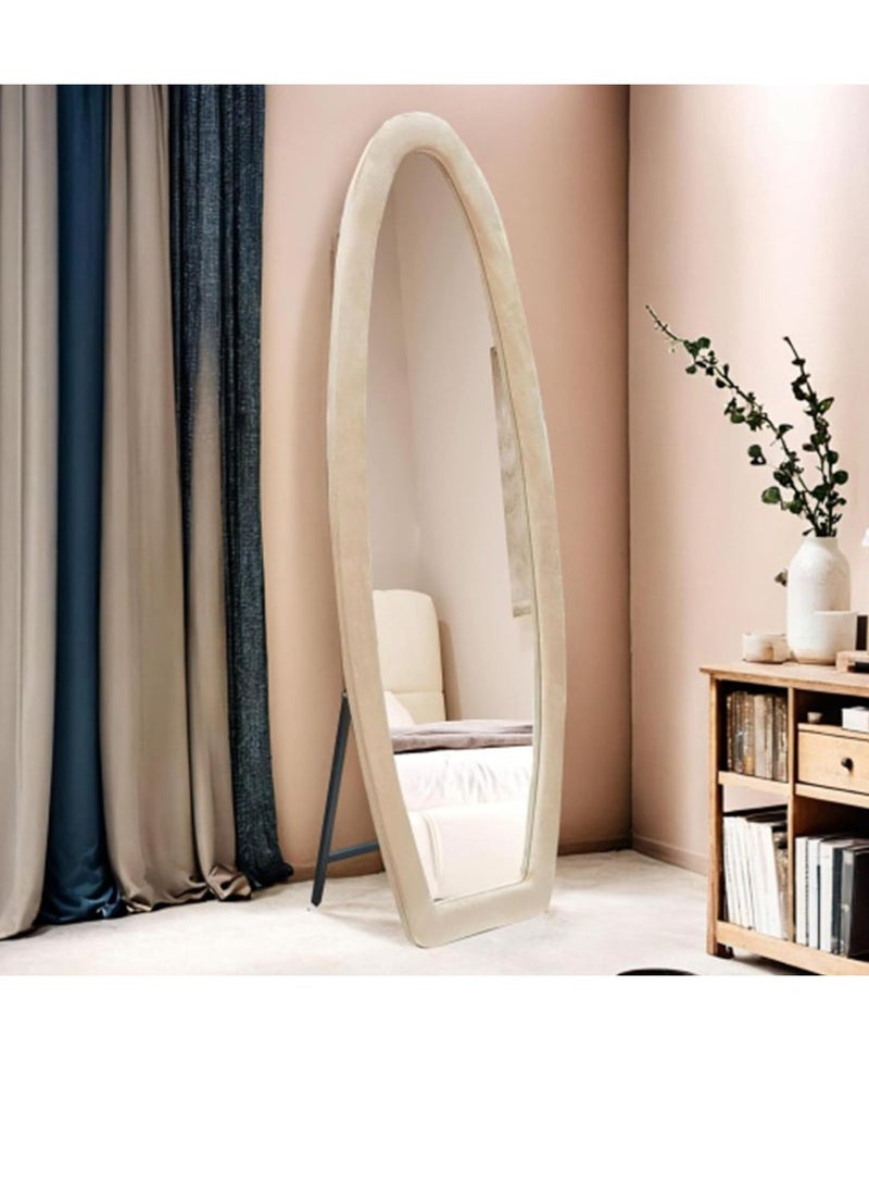 Vparty Full Length Mirror, 63" x 24" Wall Mirror with Flannel-Wrapped Wooden Frame, Wavy Full Body Mirror, Hanging or Leaning Against Wall, Stylish Mirror for Bedroom, Living Room, Modern Home Decor,  Elegant Wall Mirror, for Hallway, Entryway, Dressing Room (160 X 60 CM, Beige)  - Image 3