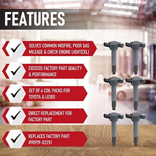 AA Ignition Ignition Coil Set of 6 - Replaces 90919-A2007 - Compatible with Toyota, Lexus & Scion Vehicles - 2.7L, 3.5L V6 - Ignition Coil Pack Fits, Camry V6, Avalon, Sienna, Rav4 and more - Image 2