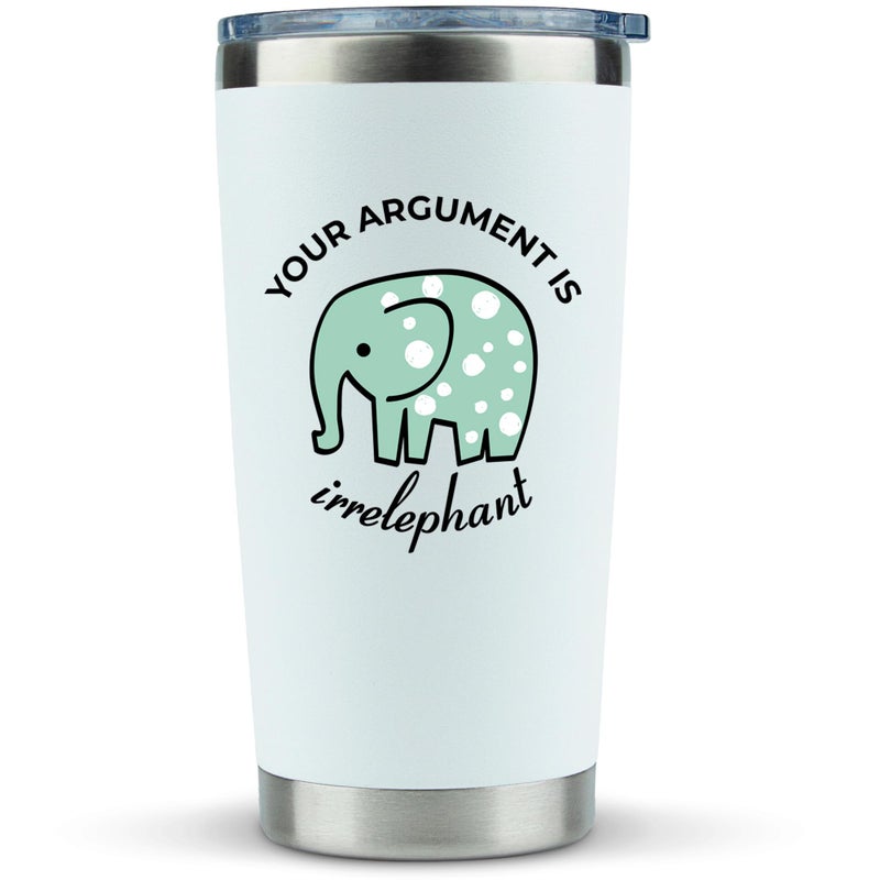 KLUBI Elephant Gifts Your Argument is Irrelephant  White Glitter TumblerMug for Wine Coffee and All Drinks  Funny Gifts for Her Him Lovers Women Stuff Decor Small