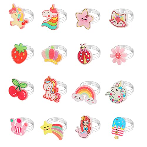 Hifot 16pcs Jewelry Rings for Little Girls Adjustable Rings Cute Fox Mermaid Rings for Kids Pretend Play and Dress Up Rings - Image 1