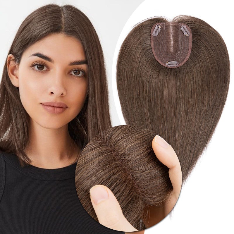 MYLADY Human Hair Toppers for Women Real Human Hair for Thinning Hair 10 12CM Lace Base Hair Pieces No Bangs Clip in Remy Hairpieces HandTied 10 Inch Dark Brown