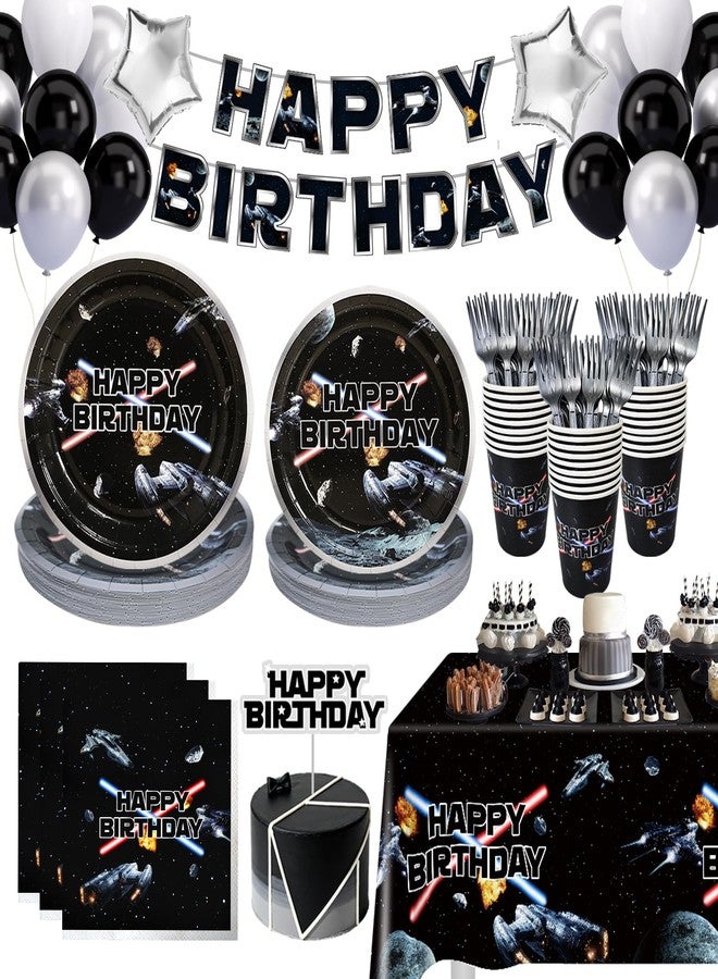 Heboland Space Battleship Wars Lightsaber Birthday Party Decorations,25 Guests Star Galaxy Universe Cardstock Plates | Napkins | Cups | Forks | Tablecloth | Banner | Balloons | Cake Topper for Boys Kids - Image 1