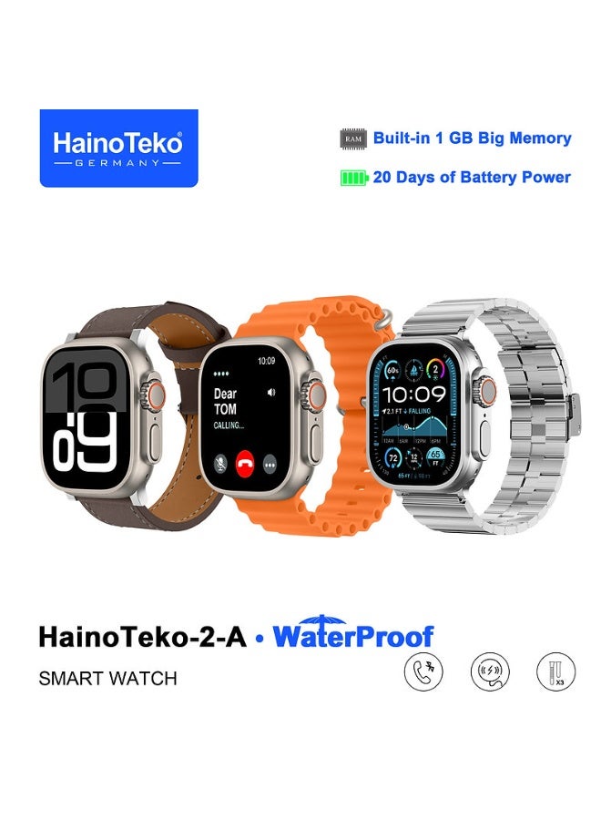 Haino Teko HainoTeko 2A Smart Watch – Ultra Design, Bluetooth Call, 20-Day Battery, AMOLED Display, Waterproof, 1GB Built-in Memory, Music & E-Book Download, ChatGPT, with 3 Straps (Stainless, Leather & Silicone), Silver Dial - Image 1