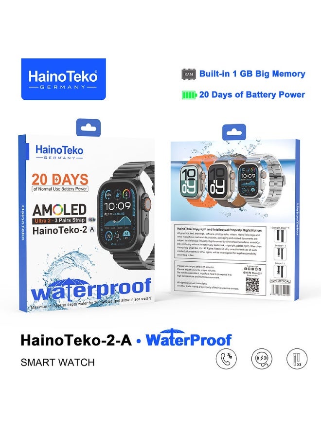 Haino Teko HainoTeko 2A Smart Watch – Ultra Design, Bluetooth Call, 20-Day Battery, AMOLED Display, Waterproof, 1GB Built-in Memory, Music & E-Book Download, ChatGPT, with 3 Straps (Stainless, Leather & Silicone), Silver Dial - Image 2