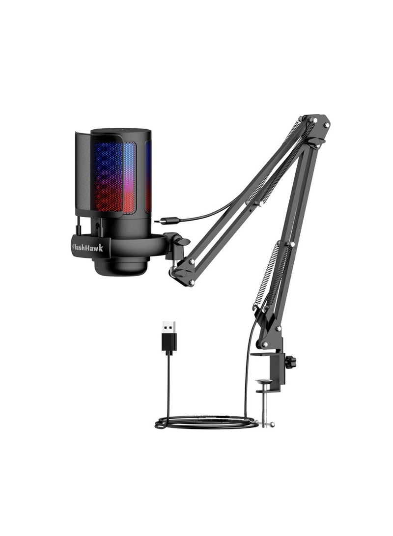 FlashHawk Gaming PC USB Microphone,Podcast Condenser Mic with Boom Arm,Pop Filter,Mute Button for Streaming,Online Chat, RGB Computer Mic for PS4/5 PC Gamer Youtuber - Image 1