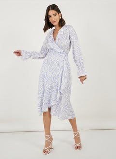 Animal Print Ruffled Wrap Midi Dress