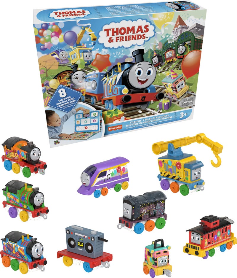 THOMAS & FRIENDS مجموعة هدايا قطارات توماس وأصدقائه - 7 أيام من المفاجآت، 10 قطع من المركبات المصنوعة من الصب مع حمولة للأطفال من عمر 3 سنوات فما فوق (حصري على أمازون) - Image 1