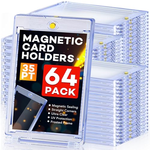 ZENOWICK 64ct Magnetic Card Holders 35pt One Touch Card Holder UV Protection Hard Plastic Case for Trading Cards Display Case for Sports Baseball Football Game Cards - Image 1