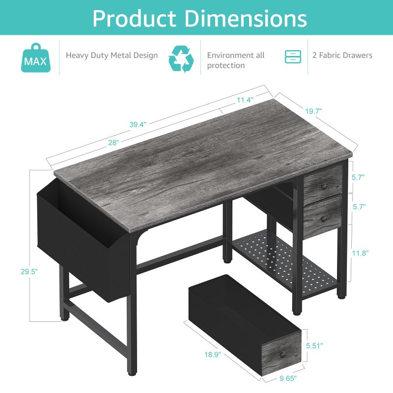 Lufeiya Computer Desk with Fabric Drawers, 40 Inch Gaming Desk for Small Space Home Office, Modern Simple Study Writing Table PC Desks for Bedroom, Gray - Image 3