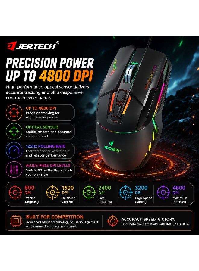 جيرتك فأرة الألعاب JR870 SHADOW RGB – مستشعر بصري بدقة 4800 نقطة في البوصة، معدل استجابة 125 هرتز (أسود) - Image 4
