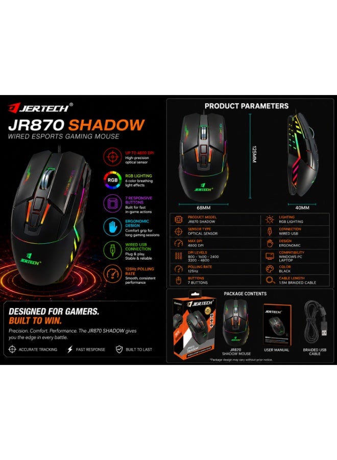 جيرتك فأرة الألعاب JR870 SHADOW RGB – مستشعر بصري بدقة 4800 نقطة في البوصة، معدل استجابة 125 هرتز (أسود) - Image 5