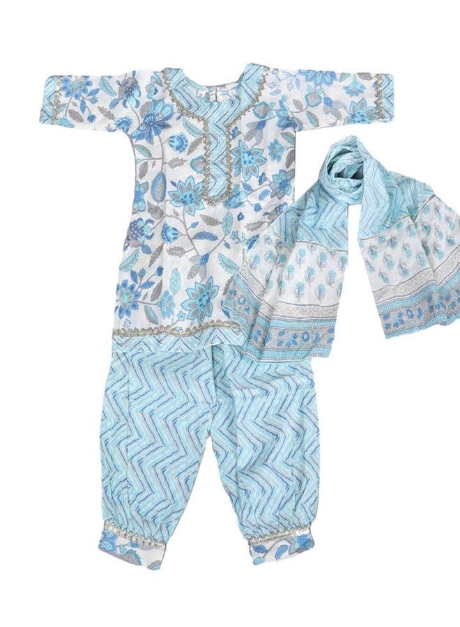 LITTLE DREAMS Kurta with Afgani Pent and Dupatta Set (BLUE, 5-6 Years) - Image 5
