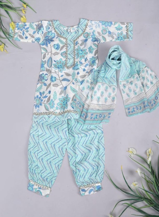 LITTLE DREAMS Kurta with Afgani Pent and Dupatta Set (BLUE, 5-6 Years) - Image 4