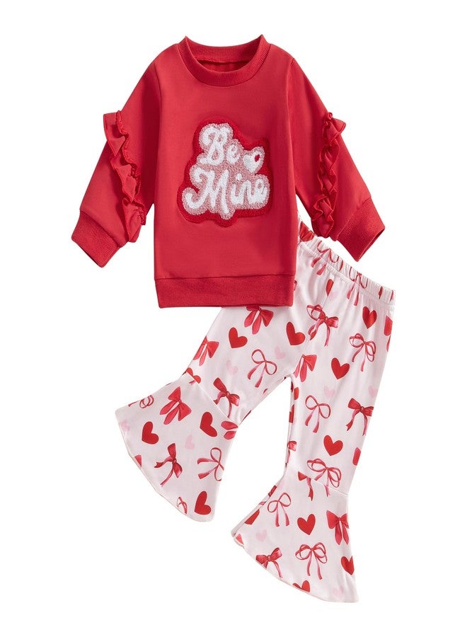Rtnnsbbfcm Toddler Baby Girl Valentine's Outfit Long Sleeve Heart Letter Embroidery Sweatshirt Top Bell Bottoms 2Pcs Set (Red, 4-5T) - Image 1