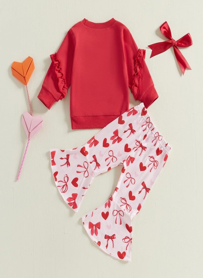 Rtnnsbbfcm Toddler Baby Girl Valentine's Outfit Long Sleeve Heart Letter Embroidery Sweatshirt Top Bell Bottoms 2Pcs Set (Red, 4-5T) - Image 3