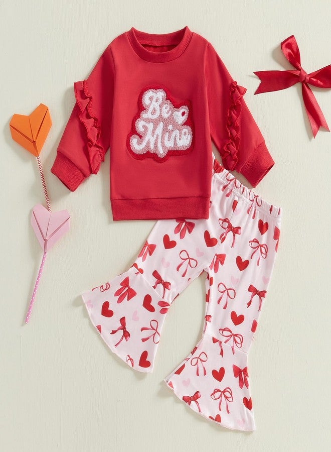 Rtnnsbbfcm Toddler Baby Girl Valentine's Outfit Long Sleeve Heart Letter Embroidery Sweatshirt Top Bell Bottoms 2Pcs Set (Red, 4-5T) - Image 2