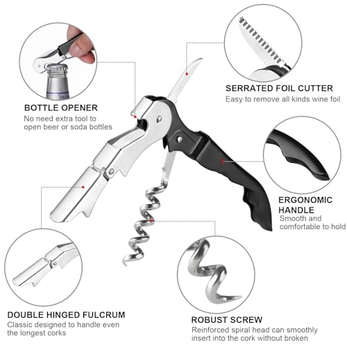 Uaorexplo Professional Heavy Duty Wine Opener, Compact and Foldable Wine Key, Strength Stainless Steel corkscrew, Double Hinged, Foil Cutter, Ideal Tools for Servers, Bartenders, Sommelier (Black). - Image 2