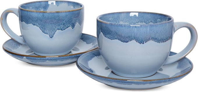 CERAMIC CAPPUCCINO CUP AND SAUCER SET OF 2 10 OZ COFFEE CUPS FOR LATTE ESPRESSO TEA DISHWASHER AND MICROWAVE SAFE REAVTIVE GLAZE BLUE