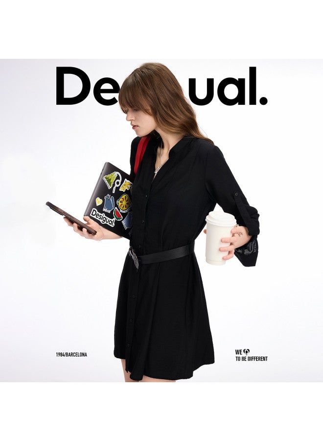 DESIGUAL موضة فاخرة إسبانية 25Ss فستان قميص بأكمام طويلة على شكل حرف V مع حزام - Image 5