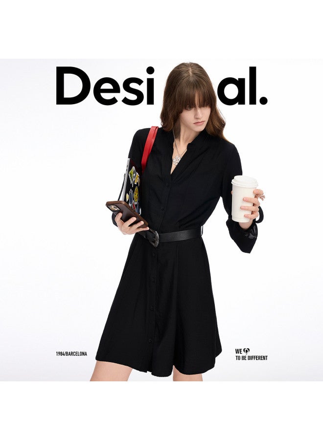 DESIGUAL موضة فاخرة إسبانية 25Ss فستان قميص بأكمام طويلة على شكل حرف V مع حزام - Image 3