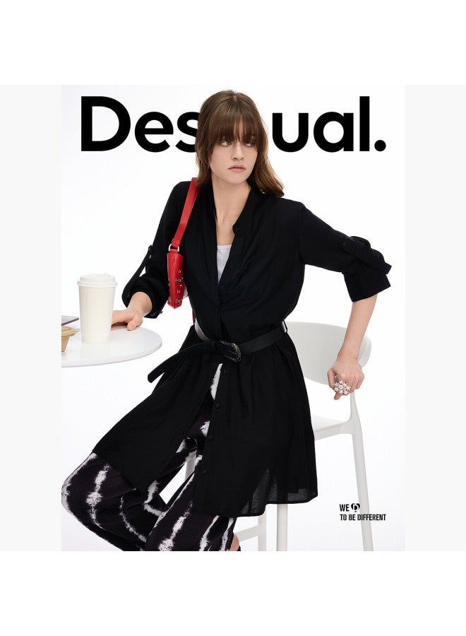 DESIGUAL موضة فاخرة إسبانية 25Ss فستان قميص بأكمام طويلة على شكل حرف V مع حزام - Image 4