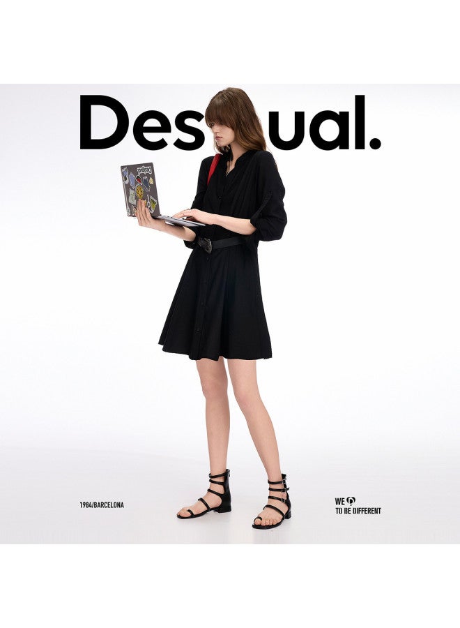 DESIGUAL موضة فاخرة إسبانية 25Ss فستان قميص بأكمام طويلة على شكل حرف V مع حزام - Image 2