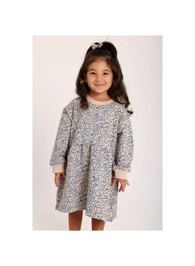 playmore Baby Girls Cotton Dress – Beige with Blue Doodles Print - Image 2