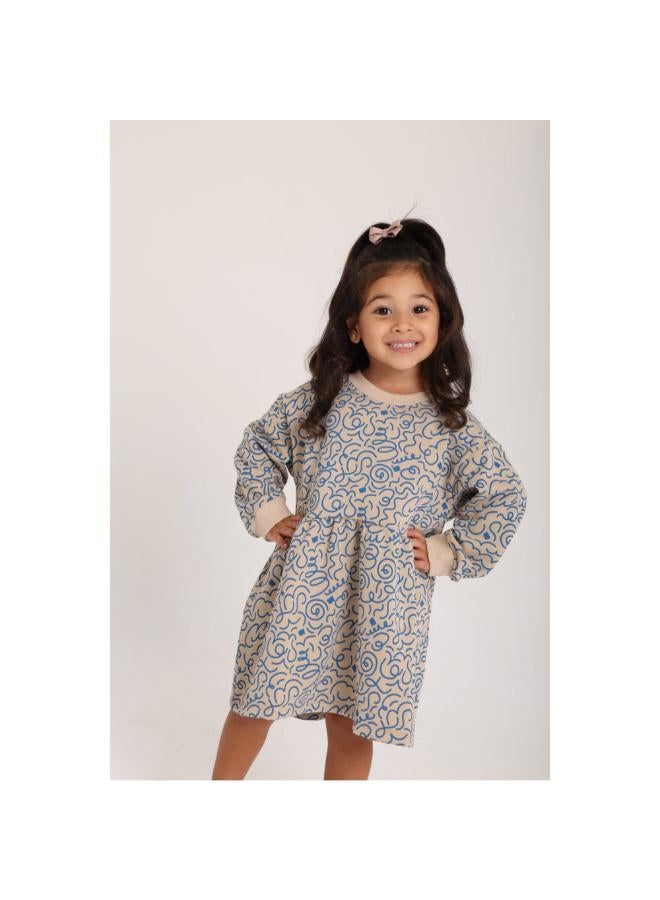 playmore Baby Girls Cotton Dress – Beige with Blue Doodles Print - Image 3
