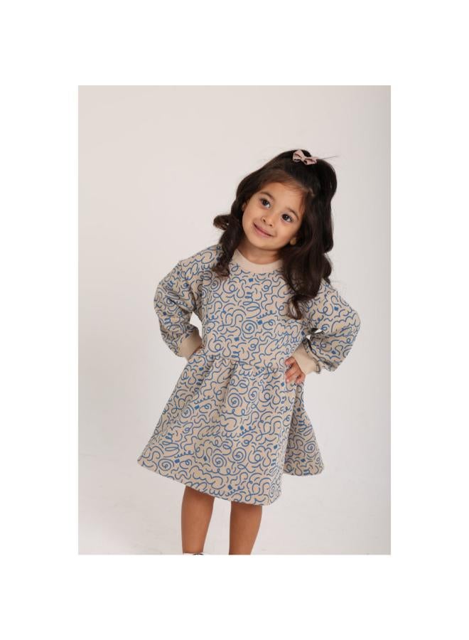 playmore Baby Girls Cotton Dress – Beige with Blue Doodles Print - Image 1