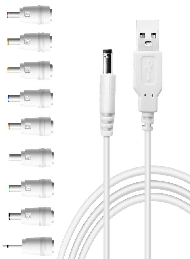Pinkind USB to DC 5V Power Cord, Universal DC 5.5x2.1mm Charging Cable with 9 Interchangeable Connectors Adapter for Moon Lamp, Massage Wand, Router, LED Light, Mini Fan, Speaker and More Devices (White) - Image 1