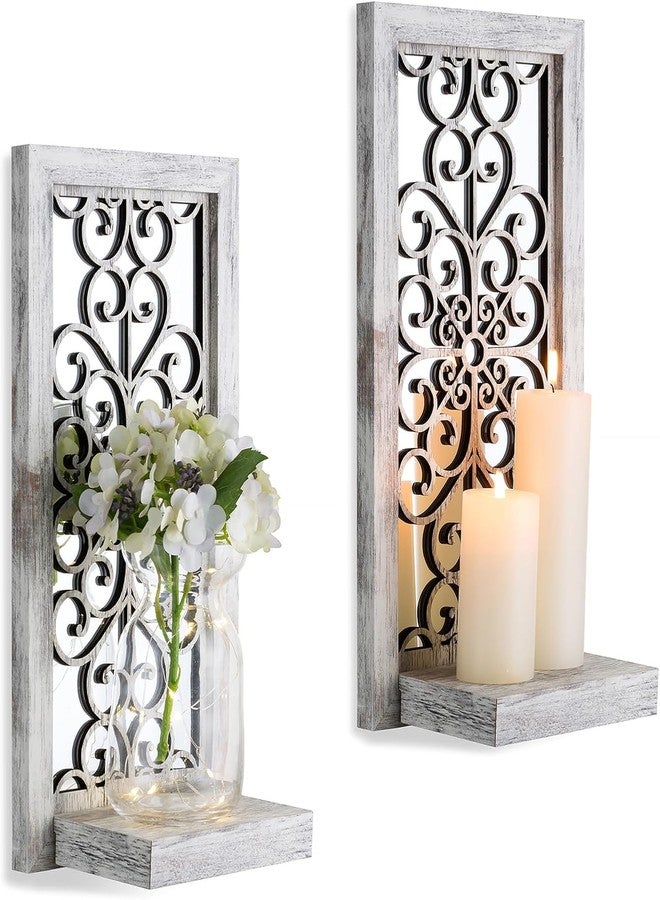 Walasis Mirrored Wall Candle Holders Decorative White - Farmhouse Wall Candle Sconce Set of 2 Washedwhite Candle Holder Wall Decor for Small Vase Tealight Pillar Candles - Image 1