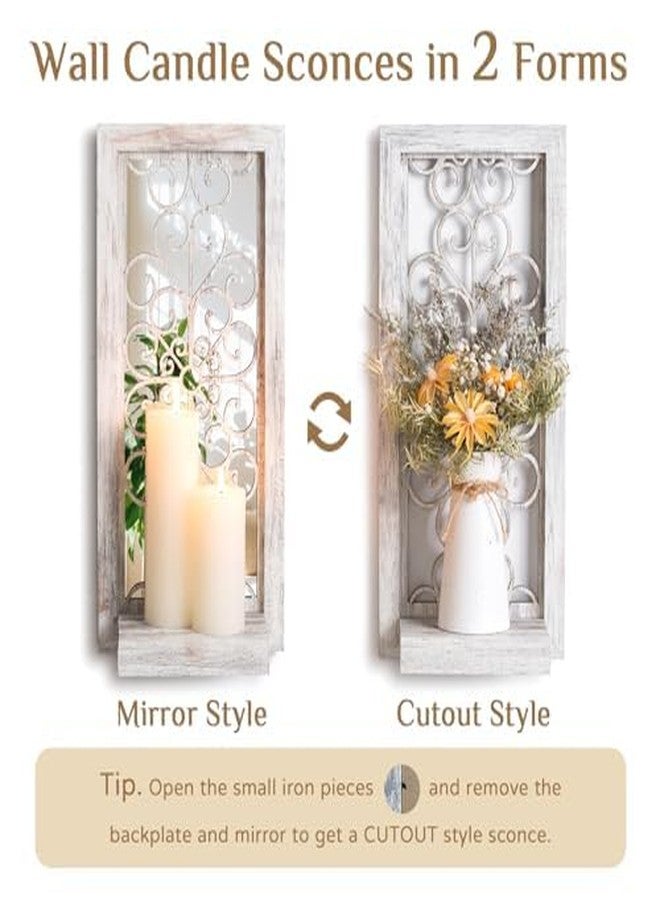 Walasis Mirrored Wall Candle Holders Decorative White - Farmhouse Wall Candle Sconce Set of 2 Washedwhite Candle Holder Wall Decor for Small Vase Tealight Pillar Candles - Image 4