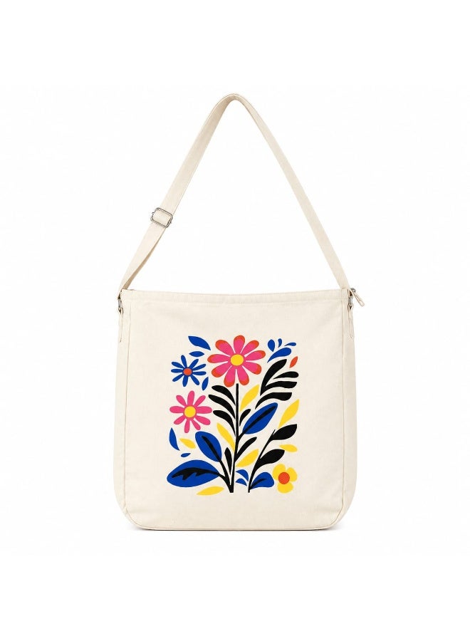 Floral Printed Cotton Shoulder Tote Bag with Zip Closure, Cream, Adjustable Strap