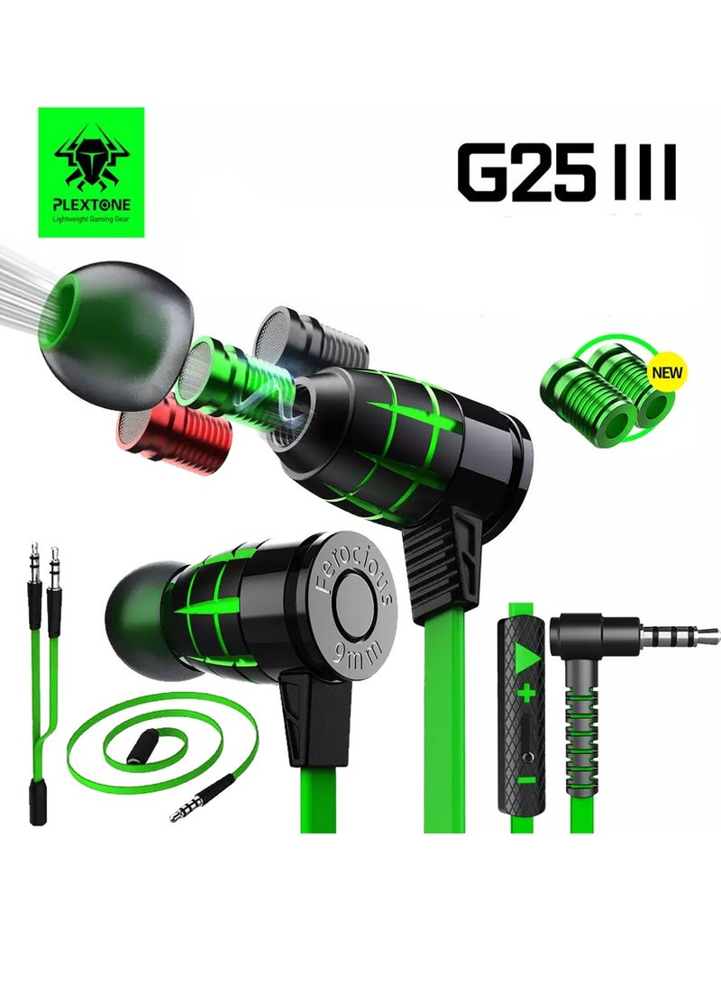Plextone G25 Wired Gaming Earphones with Microphone, Game Tuner, Stereo Bass and Hi-Res Sound, Support All Devices (Green) - Image 1