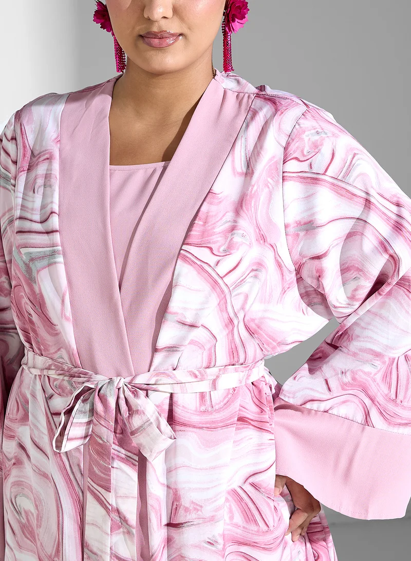 Khizana Plus Size Printed Kimono & Skirt Set