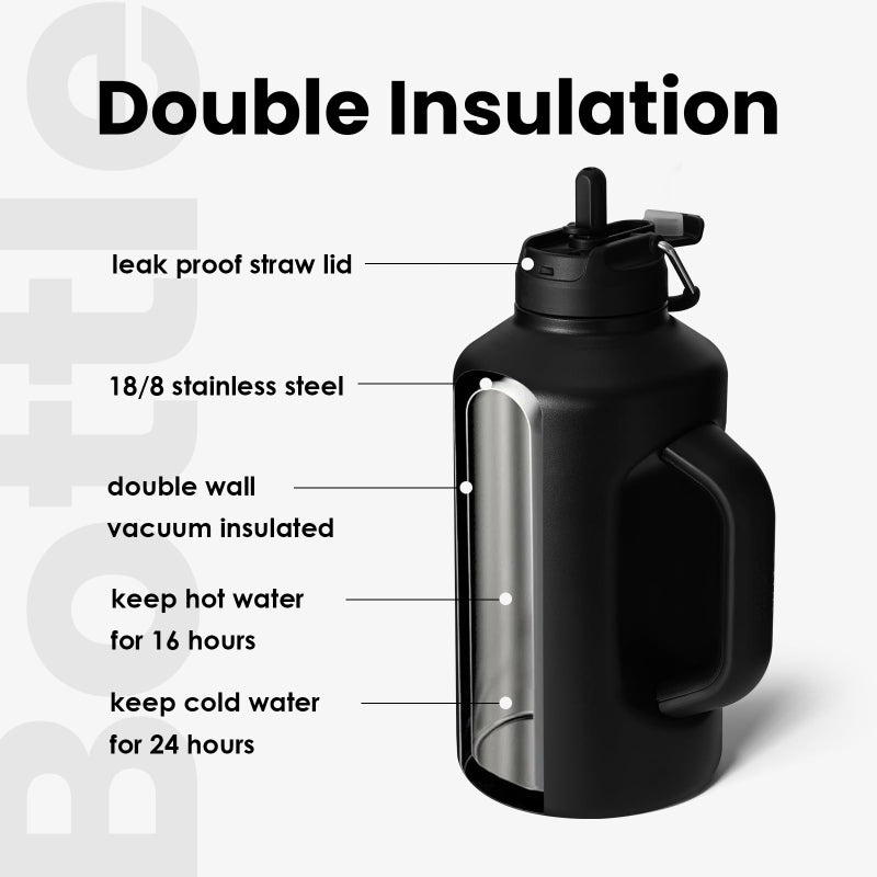 BOTTLE BOTTLE Insulated Water Bottle 64 oz with Straw and Dual-use Lid Half Gallon Jug for Men with Handle Vacuum Stainless Steel water bottle for Workout and Sports black - Image 4