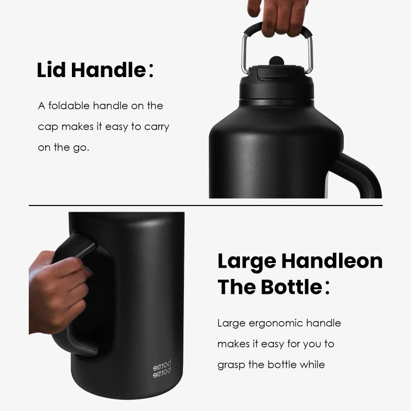 BOTTLE BOTTLE Insulated Water Bottle 64 oz with Straw and Dual-use Lid Half Gallon Jug for Men with Handle Vacuum Stainless Steel water bottle for Workout and Sports black - Image 3