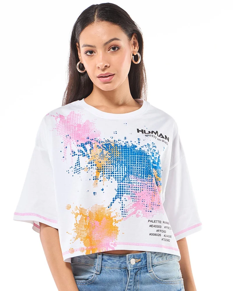 بيواكوف بلوزة نسائية قصيرة واسعة بطبعة بشرية بيضاء