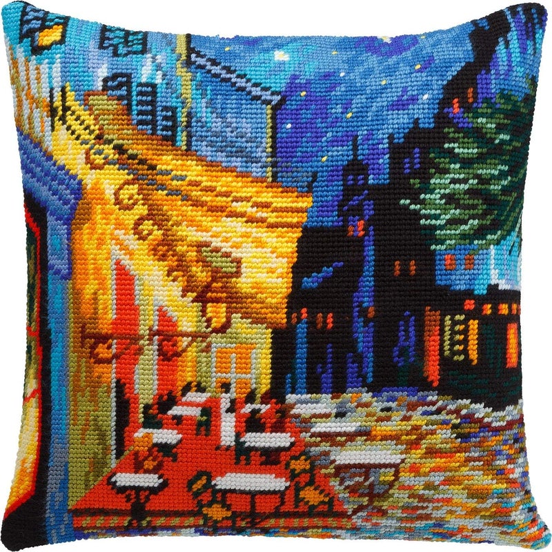 Brvsk Cityscape Stamped Cross-Stitch Kit for Adults and Beginners — Café Terrace at Night by Vincent Van Gogh 16″ × 16″ with Clear, Precise Printed Design on Cotton Canvas; Includes Needles and Yarn - Image 1