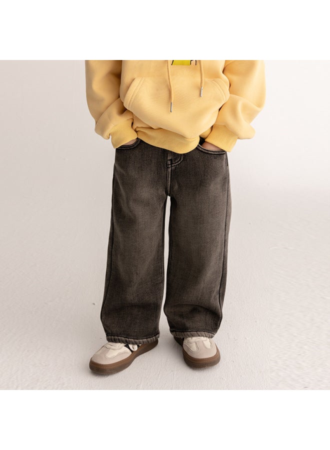 Children's Pants Autumn Winter New Fleece-lined Baby Straight Leg Pants Winter One-piece Fleece Thickened Kids Jeans Trendy