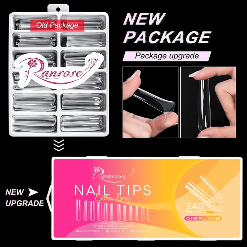 Ranrose Extra Long Nail Tips, 240PCS XXXL Long Square Acrylic Nails Full Cover Clear Long Straight Tapered Square Nail Tips 12 Sizes Pre-shaped Fake Nails for DIY Press On Nail Extensions for Women - Image 2