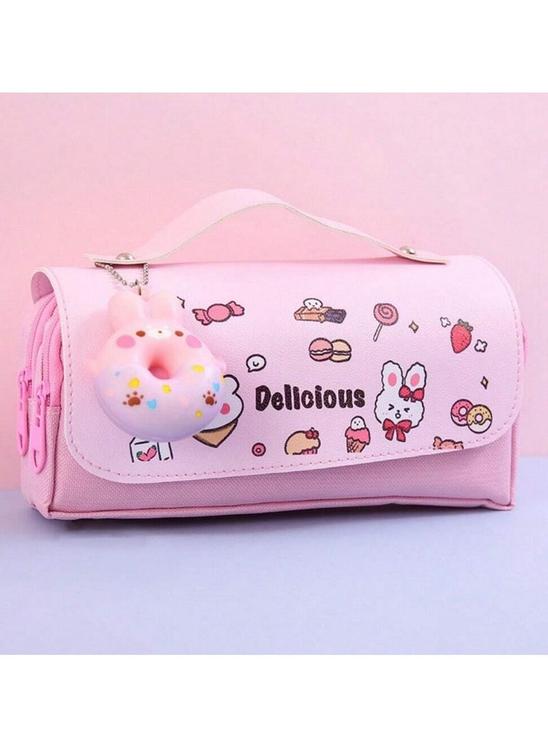 علبة أقلام وردية كبيرة بسعة واسعة – تصميم كرتوني لطيف مع سحاب مزدوج وميدالية دونات ناعمة - Image 1