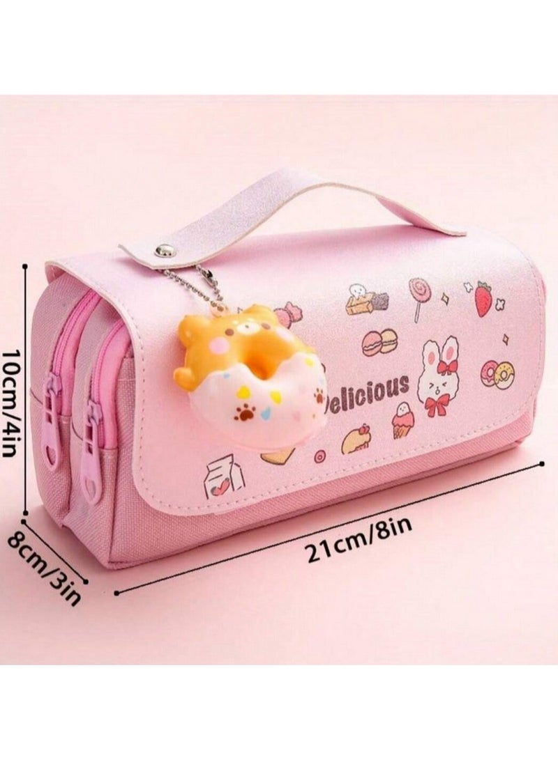 علبة أقلام وردية كبيرة بسعة واسعة – تصميم كرتوني لطيف مع سحاب مزدوج وميدالية دونات ناعمة - Image 2