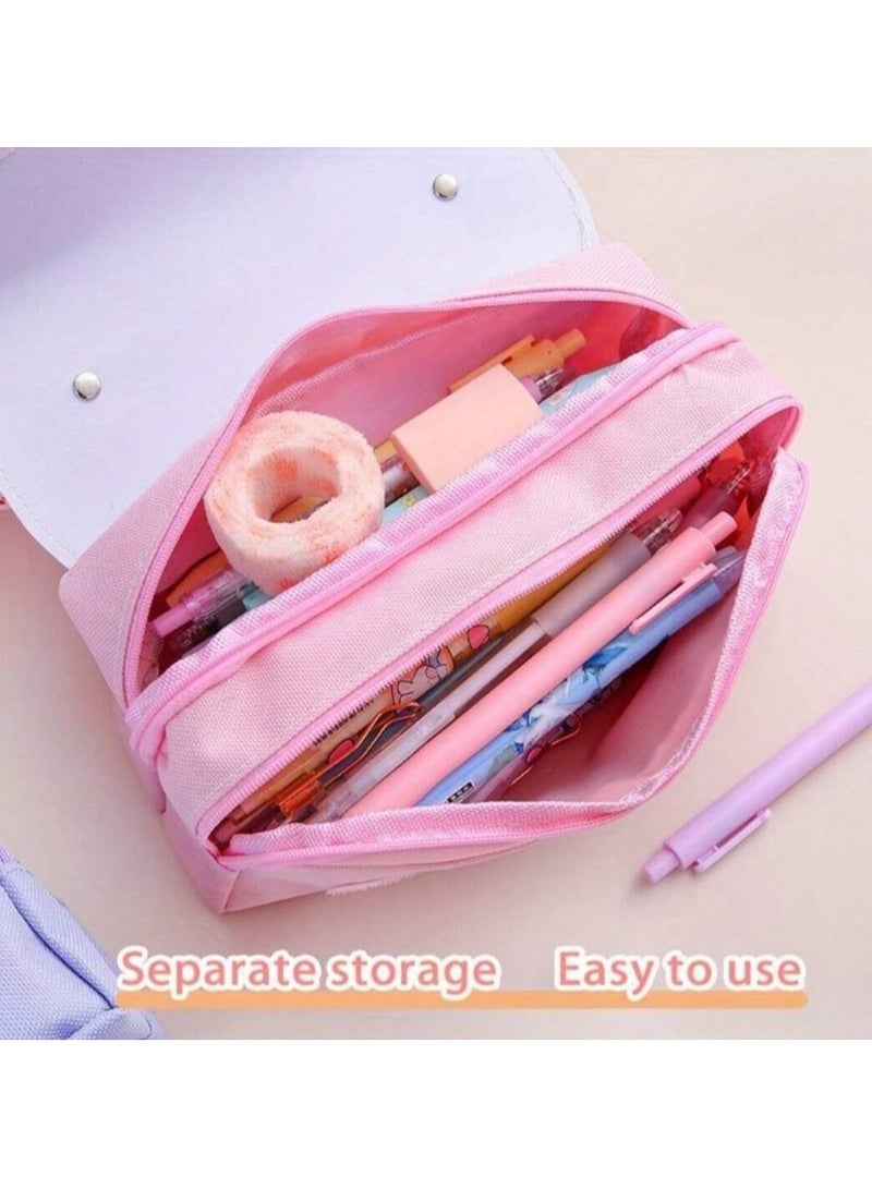 علبة أقلام وردية كبيرة بسعة واسعة – تصميم كرتوني لطيف مع سحاب مزدوج وميدالية دونات ناعمة - Image 3