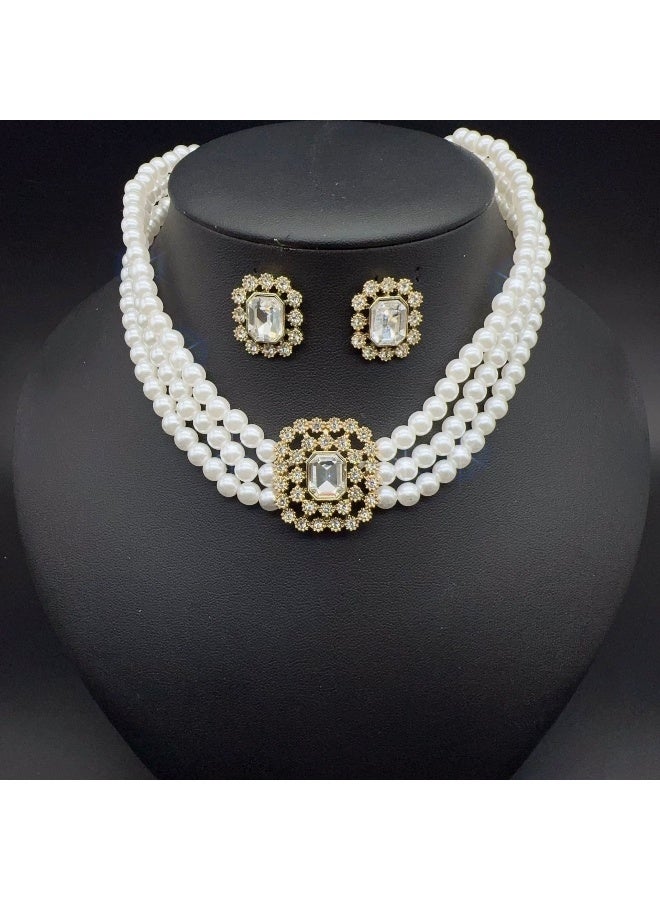 NIBEMINENT Multi-Layer Pearl and Rhinestone Choker Necklace - Elegant Short Water Drop Necklace