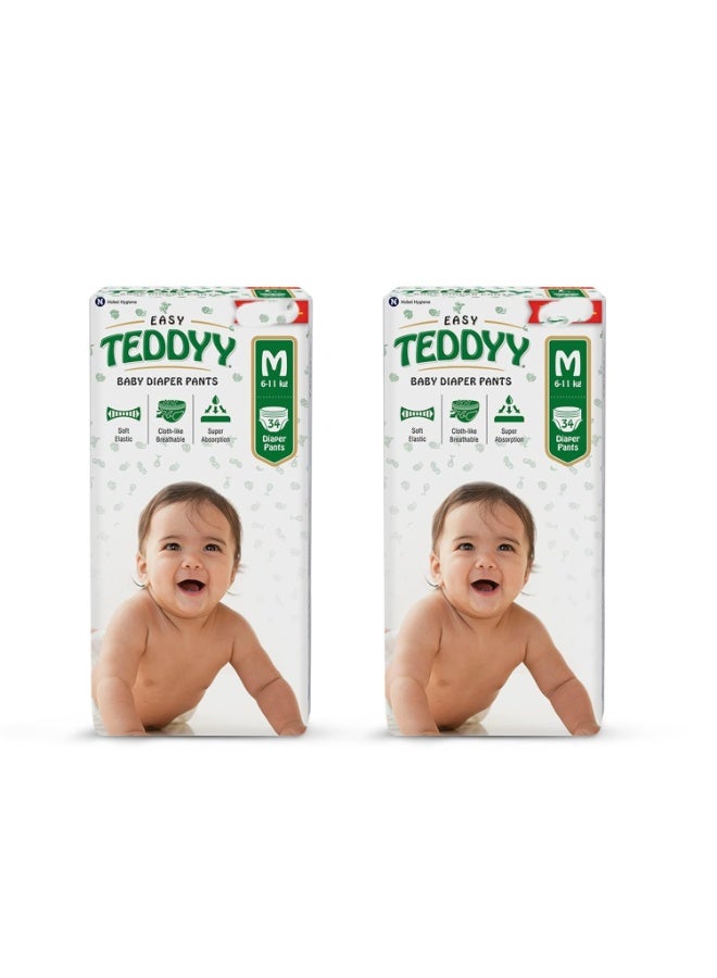 TEDDYY Easy Baby M Size Diaper Pant Style | 34 Count (Medium) | 7–12 kg (Pack of 2) | Long Protection Hours | Anti-Bacterial | Airy Breathable Fit | Rapid Soaker Channels with Wetness Indicator