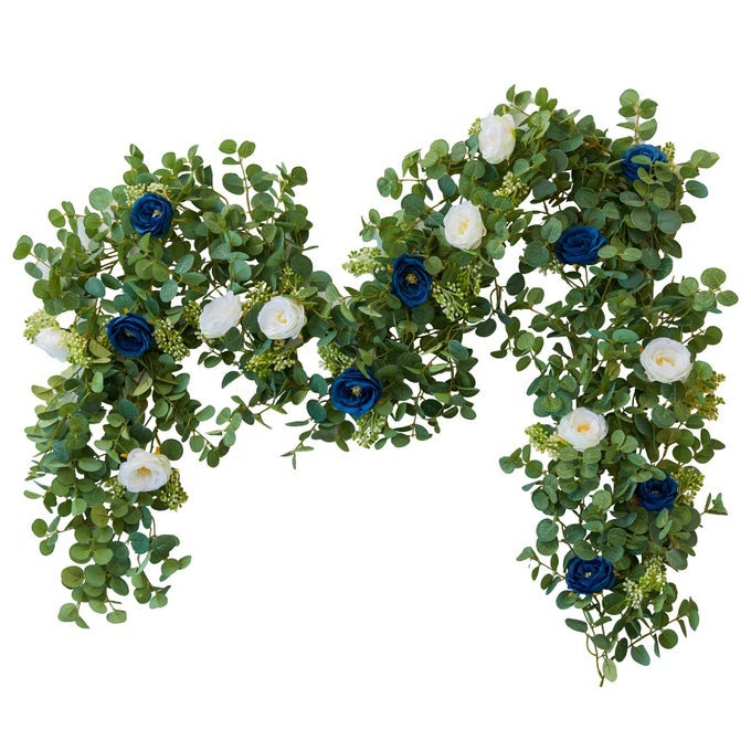 PARTY JOY 656FT EUCALYPTUS GARLAND WITH FLOWERS8 BLUE WHITE ROSES ARTIFICIAL FAKE FLOWERS GREENERY GARLAND FLORAL VINES FOR DECORATION PARTY WEDDING TABLE INDOOR OUTDOOR BACKDROP WALL DECOR