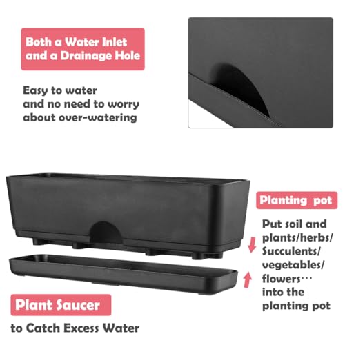 KvyusFlourish 6 Pack Rectangle Planter 16x4.4 Inch Window Boxes Planters Rectangular Large Window Sill Planters Indoor Self Watering Plant Pots with Drainage Holes and Saucers Succulent Herb Flower Pots, Black - Image 3