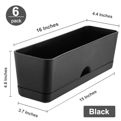 KvyusFlourish 6 Pack Rectangle Planter 16x4.4 Inch Window Boxes Planters Rectangular Large Window Sill Planters Indoor Self Watering Plant Pots with Drainage Holes and Saucers Succulent Herb Flower Pots, Black - Image 5