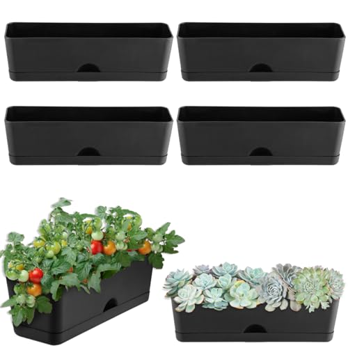 KvyusFlourish 6 Pack Rectangle Planter 16x4.4 Inch Window Boxes Planters Rectangular Large Window Sill Planters Indoor Self Watering Plant Pots with Drainage Holes and Saucers Succulent Herb Flower Pots, Black - Image 1